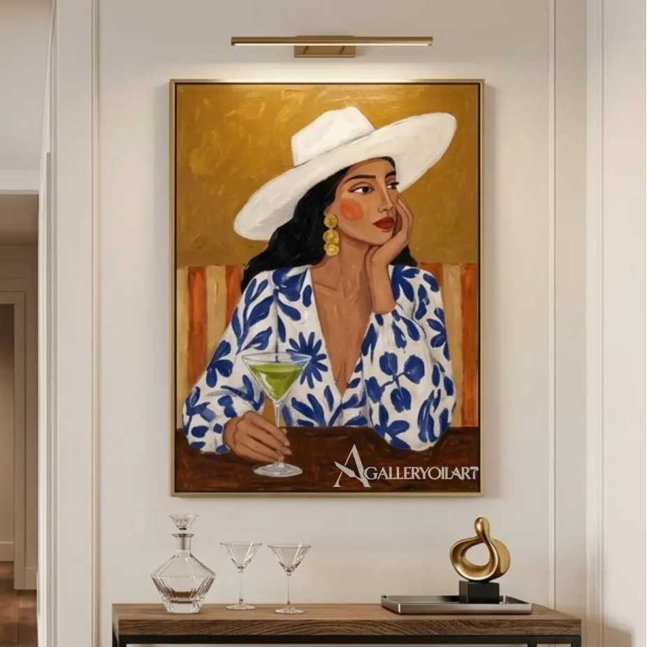 woman-in-wide-brimmed-hat-portrait-art-blue-wall-art-transitional-hallway