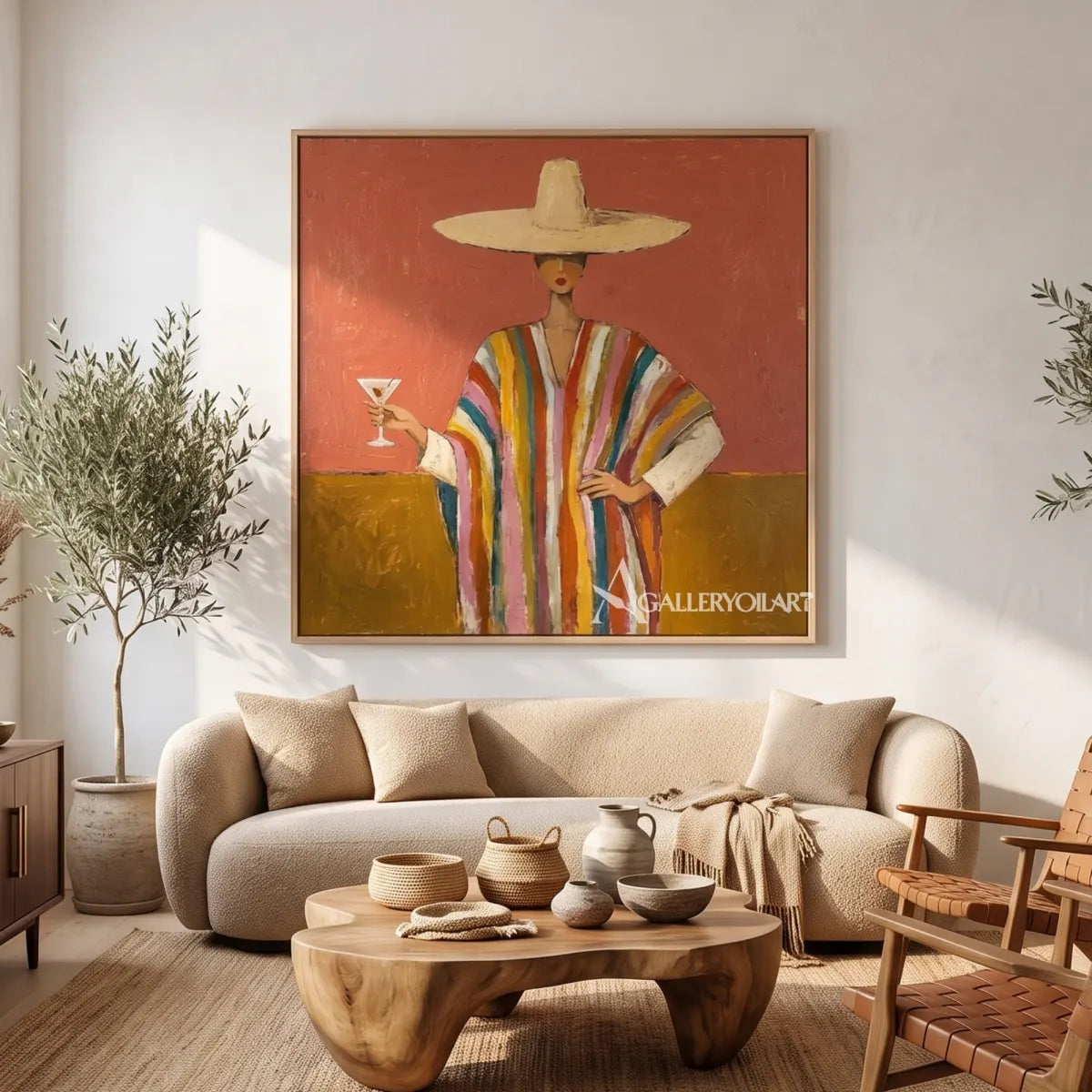 Woman-in-a-wide-straw-hat-and-striped-robe-holding-a-wine-glass-in-orange-toned-portrait-art-displayed-in-a-contemporary-gathering-room