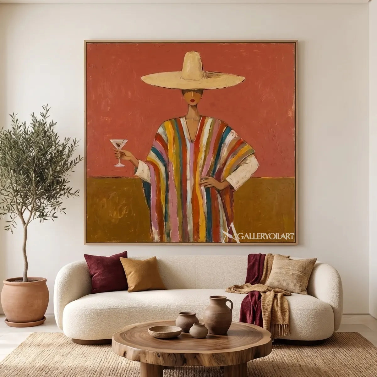 Woman-in-a-wide-straw-hat-and-striped-robe-holding-a-wine-glass-in-orange-toned-portrait-art-displayed-in-a-gallery-interior