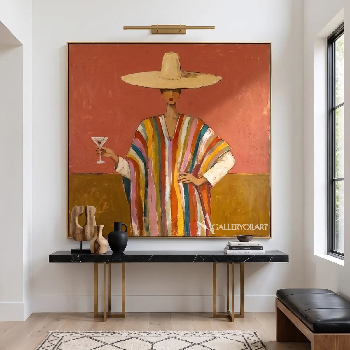 Woman-in-a-wide-straw-hat-and-striped-robe-holding-a-wine-glass-in-orange-toned-portrait-art-displayed-in-a-modern-entryway