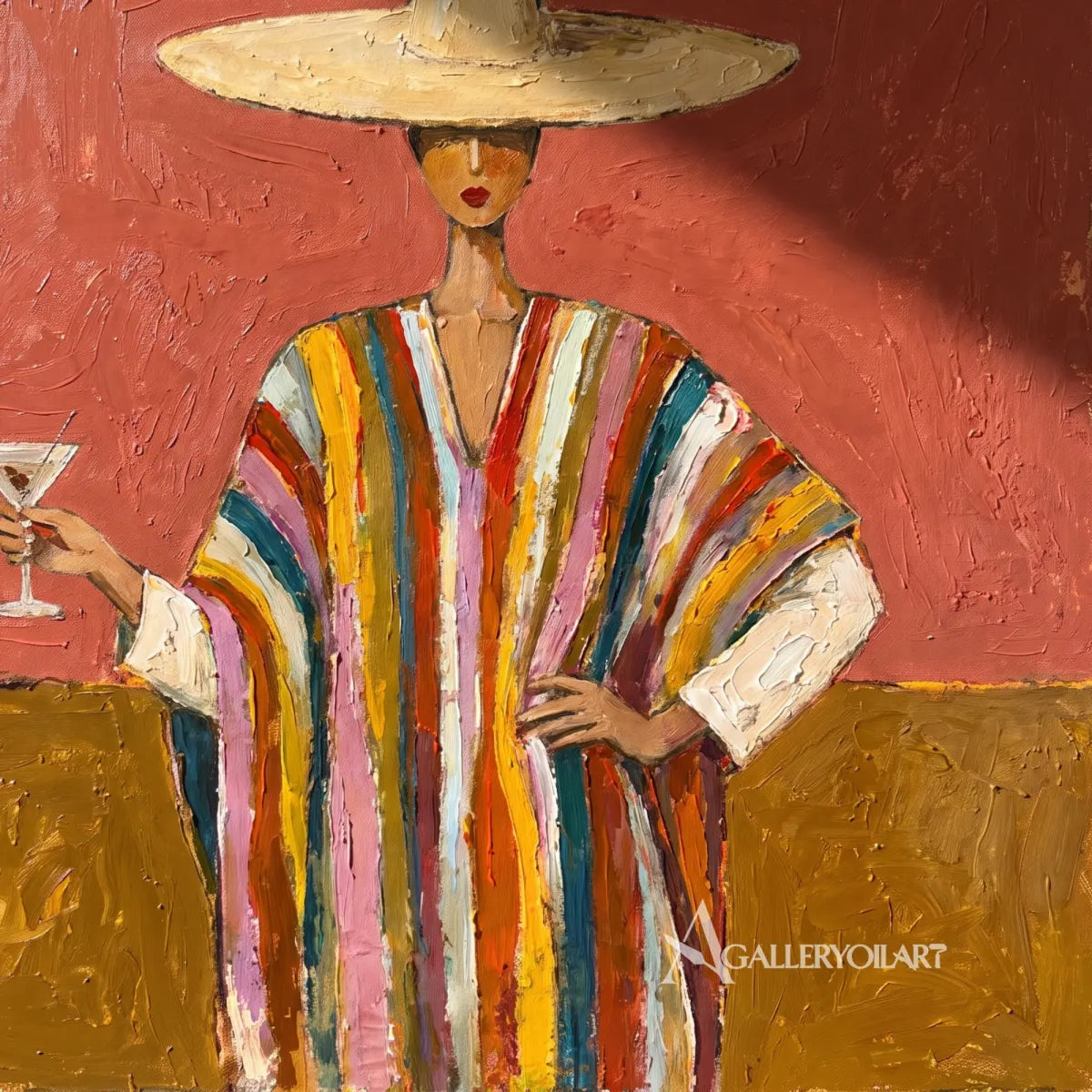 Woman-in-a-wide-straw-hat-and-striped-robe-holding-a-wine-glass-in-orange-toned-portrait-art-displayed-in-a-painted-detail-close-up