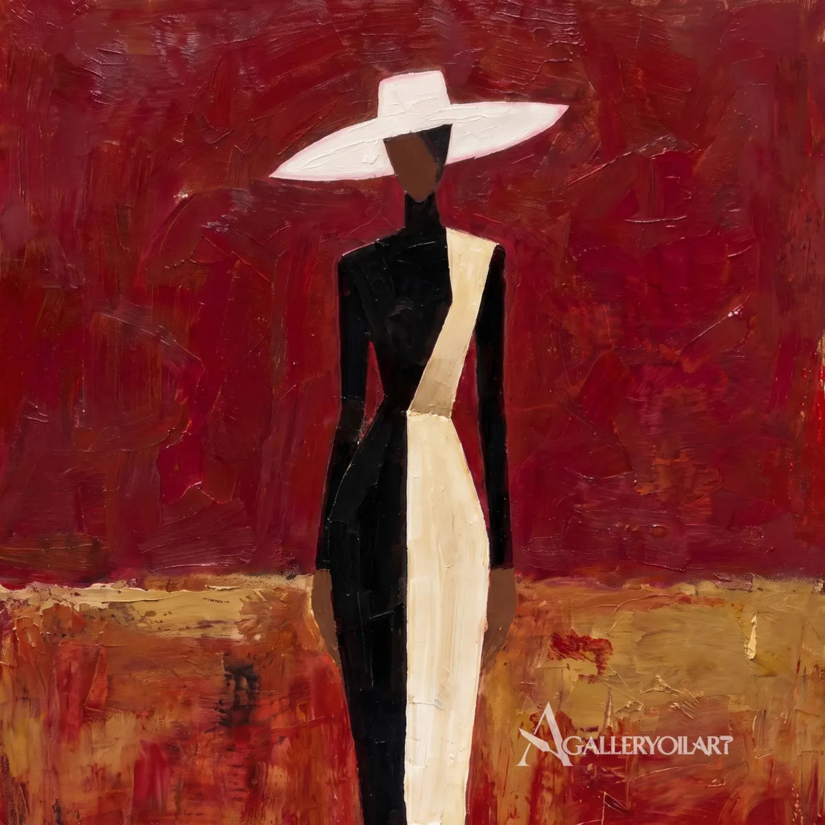 Wide-hat-woman-in-portrait-art-crimson-and-rust-in-a-close-up-detail