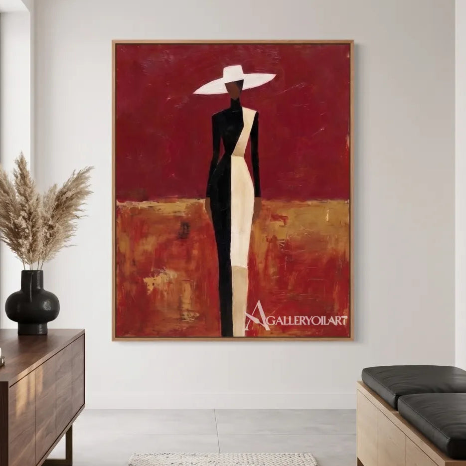 Wide-hat-woman-in-portrait-art-crimson-and-rust-in-a-entryway