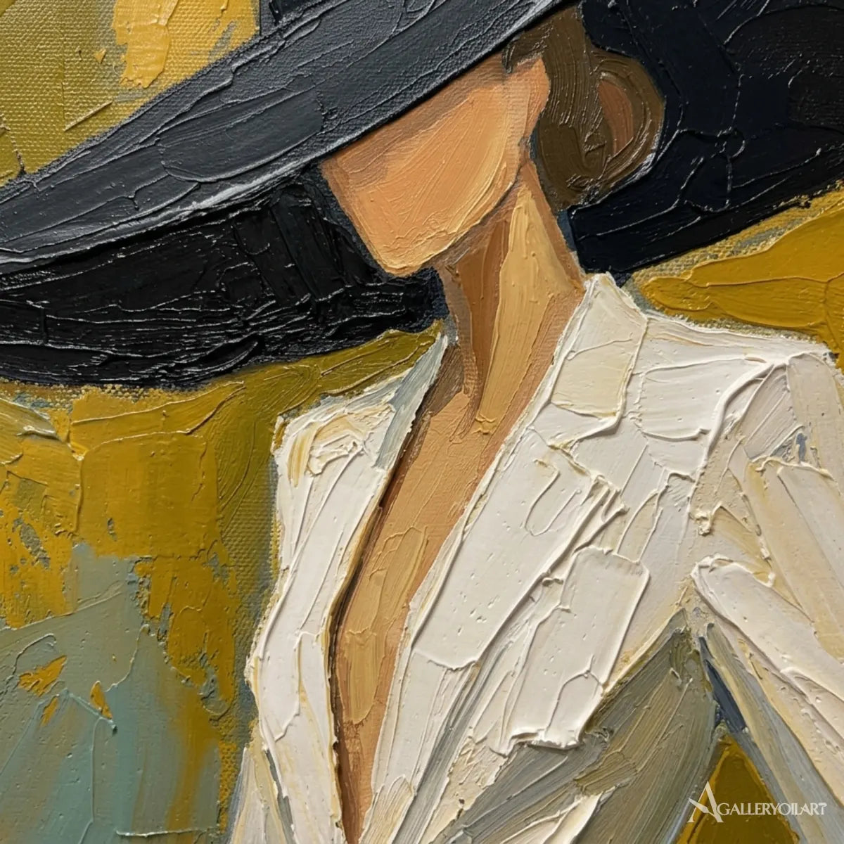Close-up-portrait-art-of-a-woman-in-a-wide-black-hat-against-layered-yellow-and-teal-paint