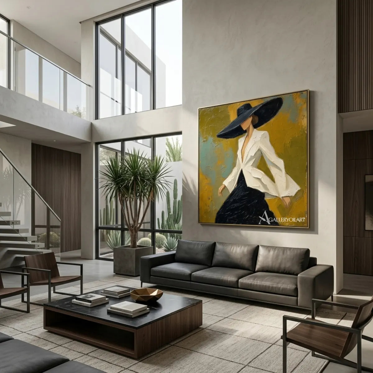 Portrait-art-painting-of-a-woman-in-a-wide-black-hat-and-white-blouse-against-yellow-and-teal-in-a-double-height-room