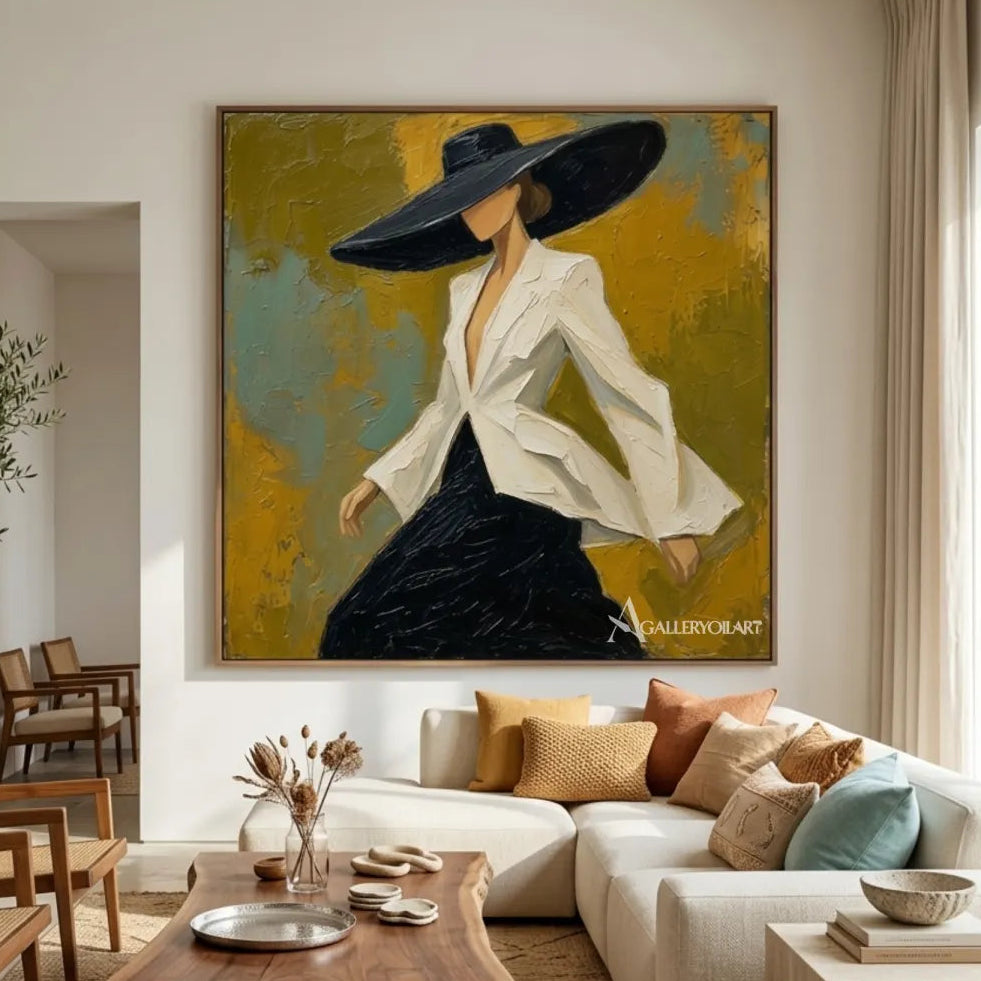 Portrait-art-painting-of-a-woman-in-a-wide-black-hat-and-white-blouse-against-yellow-and-teal-in-a-living-room