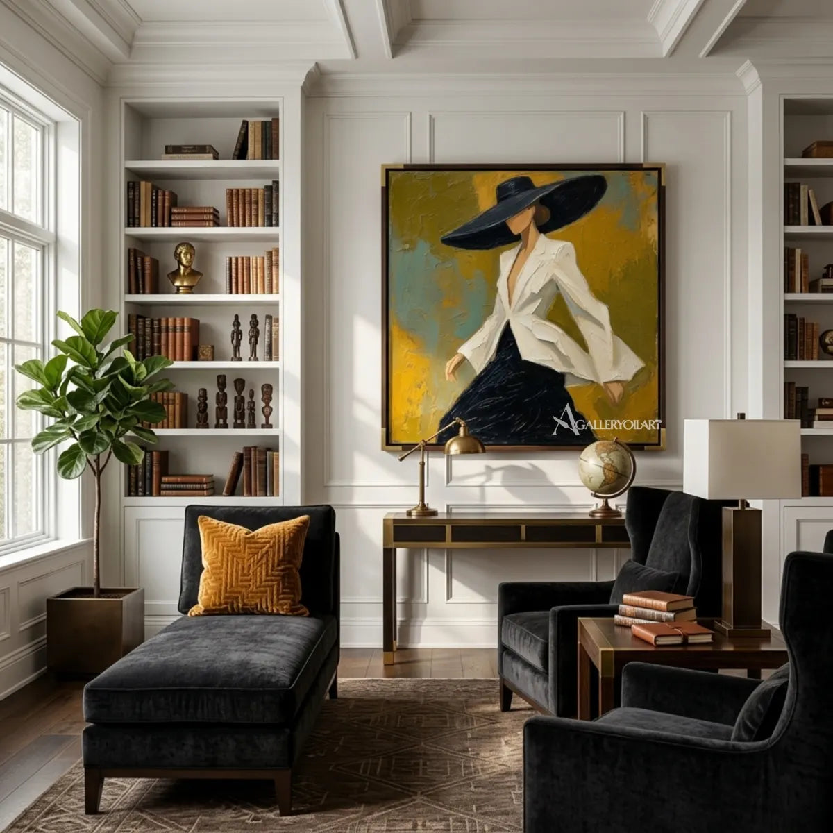 Portrait-art-painting-of-a-woman-in-a-wide-black-hat-and-white-blouse-against-yellow-and-teal-in-a-lounge