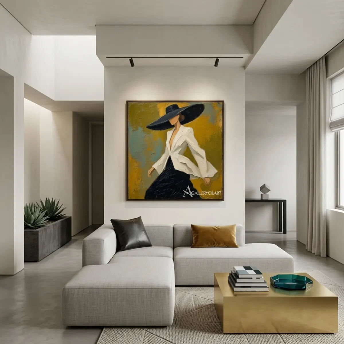 Portrait-art-painting-of-a-woman-in-a-wide-black-hat-and-white-blouse-against-yellow-and-teal-in-a-reading-lounge