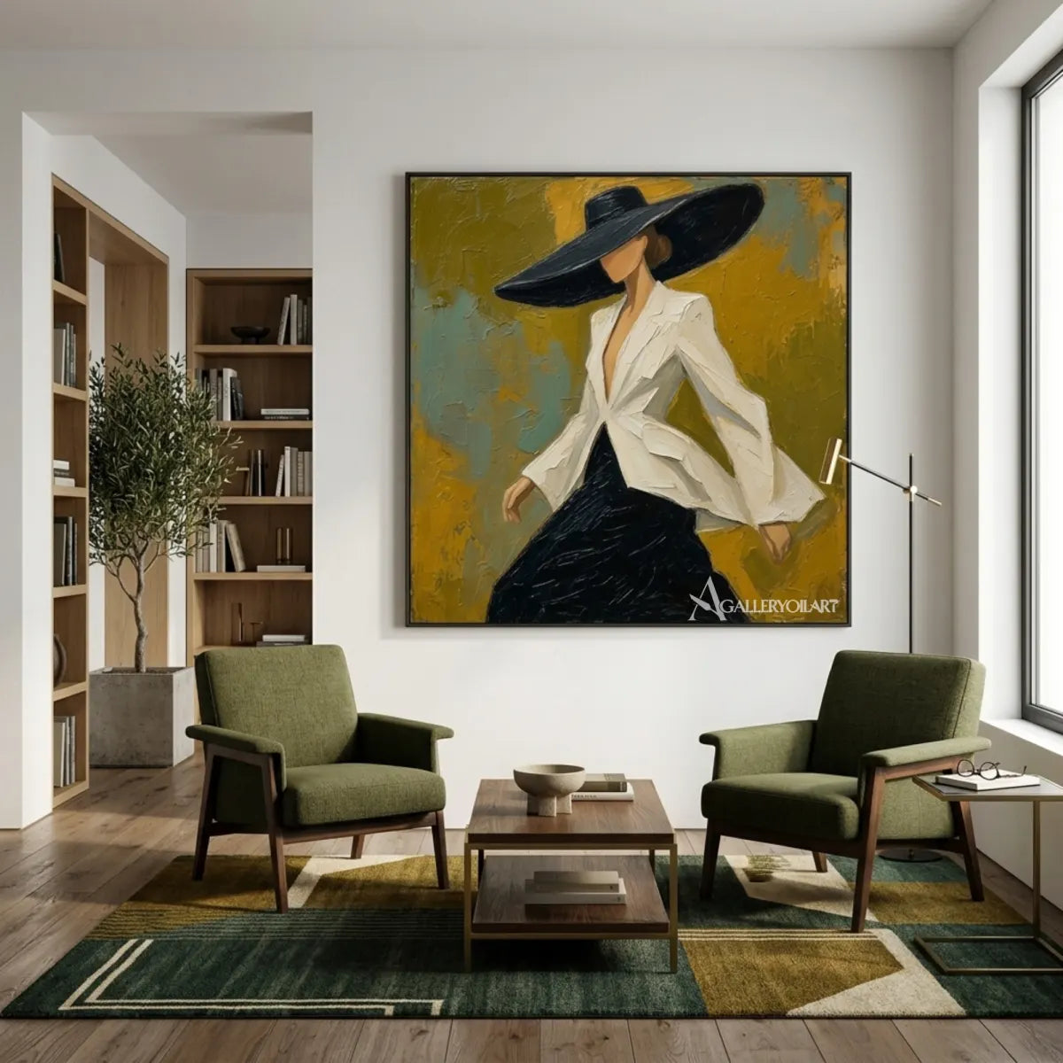 Portrait-art-painting-of-a-woman-in-a-wide-black-hat-and-white-blouse-against-yellow-and-teal-in-a-reading-room