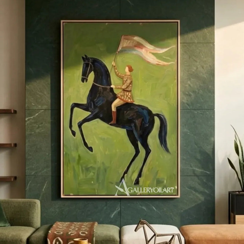 Western-cowboy-windborne-ride-with-rider-and-dark-horse-in-a-neutral-room