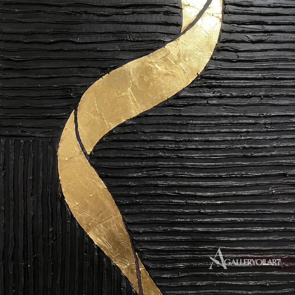 Textured 3D winding passage across a black relief field-in-detail