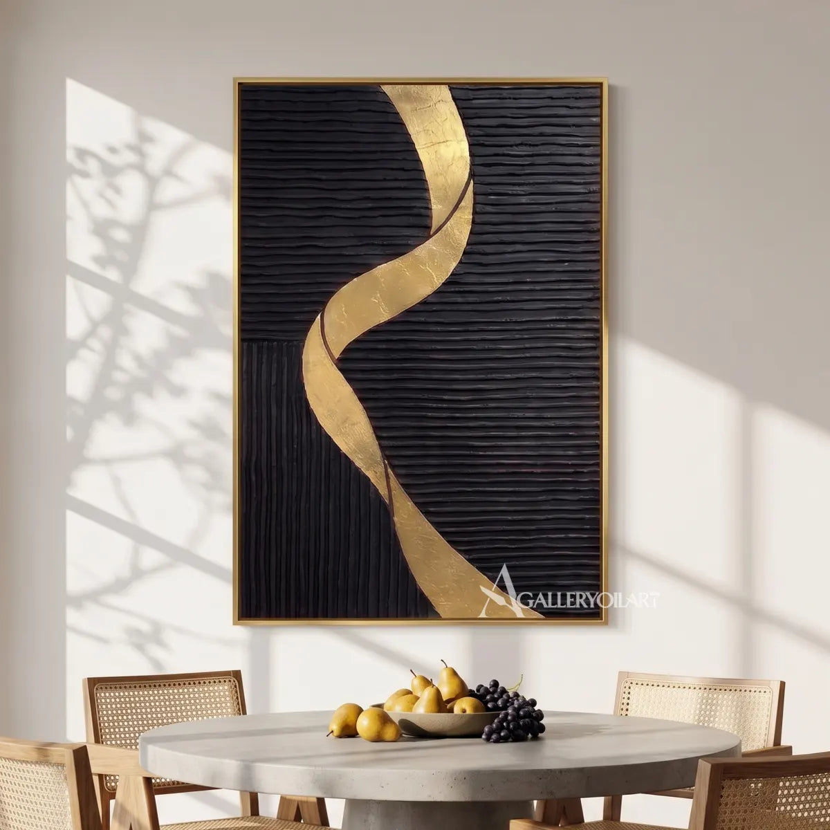 Textured 3D winding passage across a black relief field-in-dining-room
