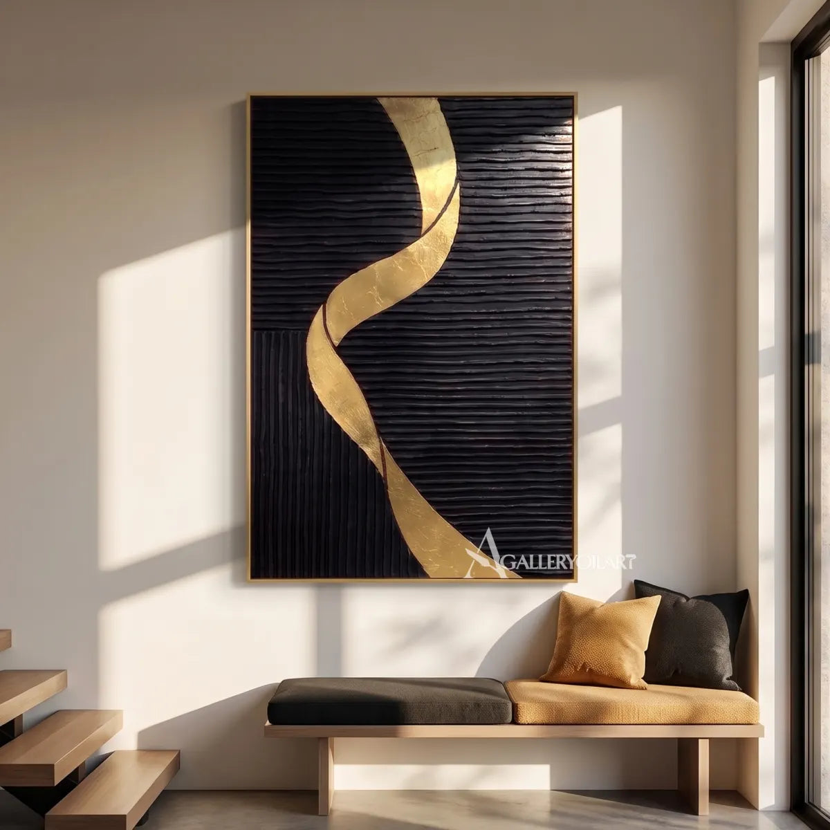 Textured 3D winding passage across a black relief field-in-gallery-wall