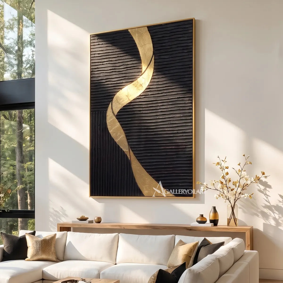 Textured 3D winding passage across a black relief field-in-living-room