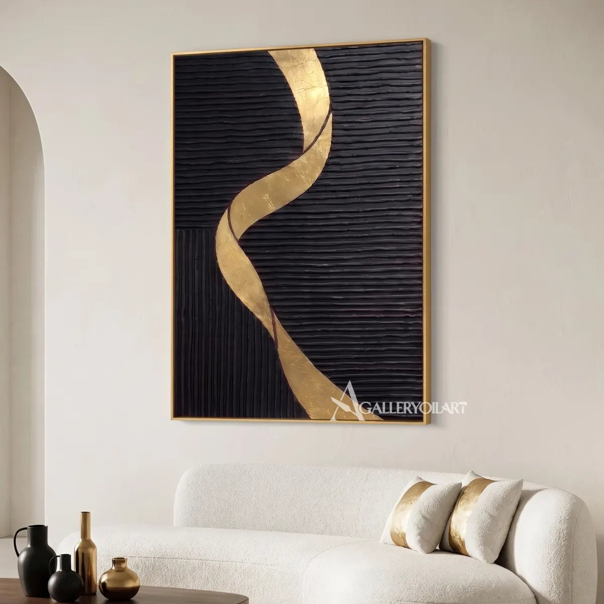 Textured 3D winding passage across a black relief field-in-minimalist-living-room