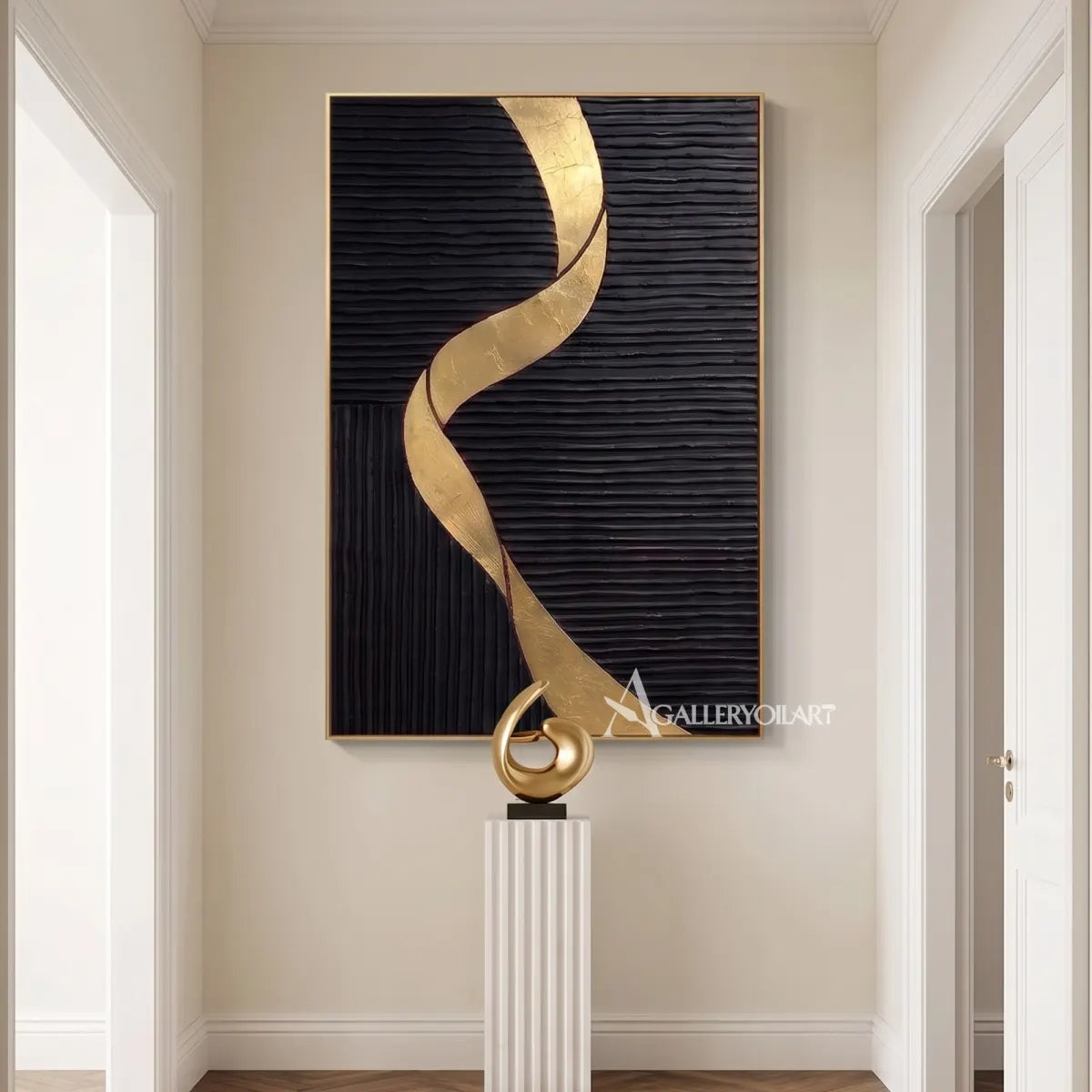 Textured 3D winding passage across a black relief field-in-modern-hallway