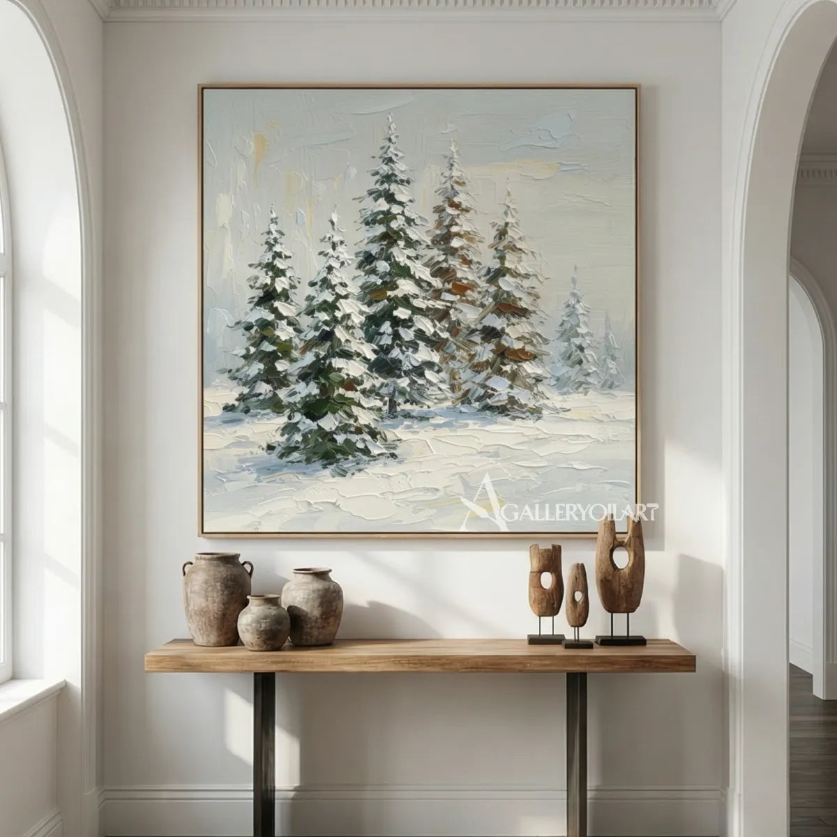snow-covered-pines-portrait-art-white-wall-art-arched-room