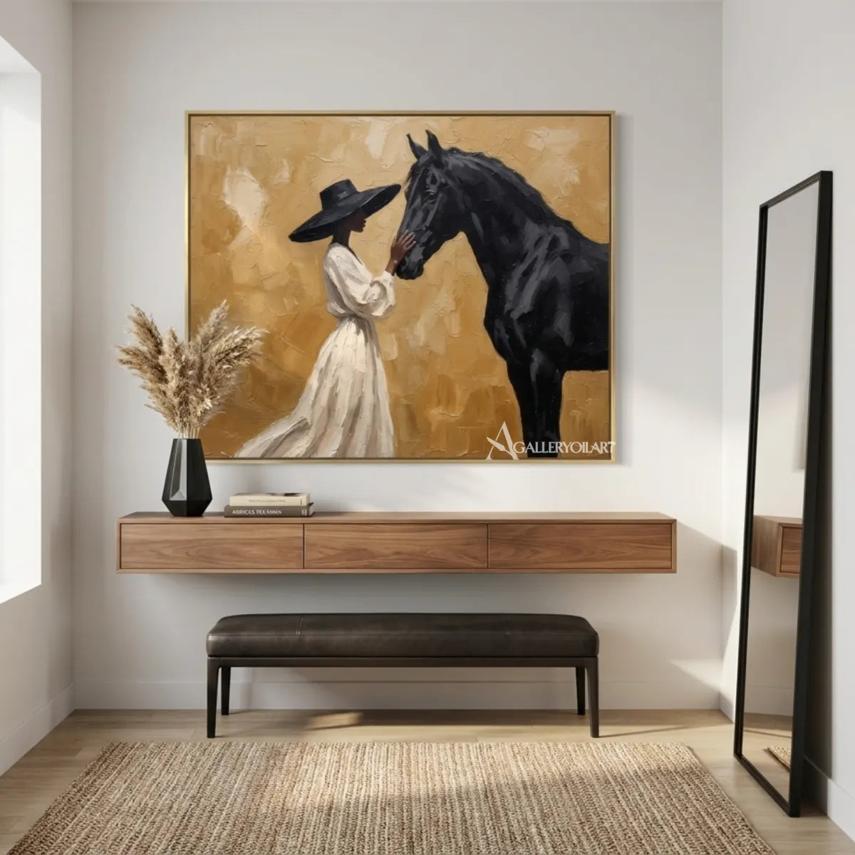 Woman-in-a-white-dress-facing-a-black-horse-on-a-textured-golden-ground-in-entryway