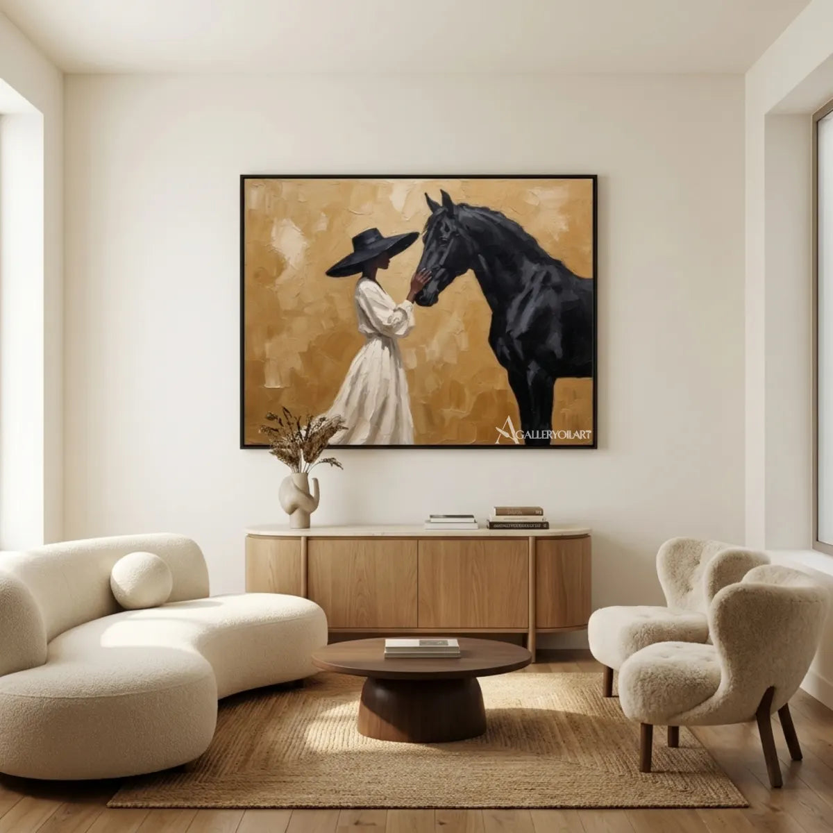 Woman-in-a-white-dress-facing-a-black-horse-on-a-textured-golden-ground-in-gallery-lounge
