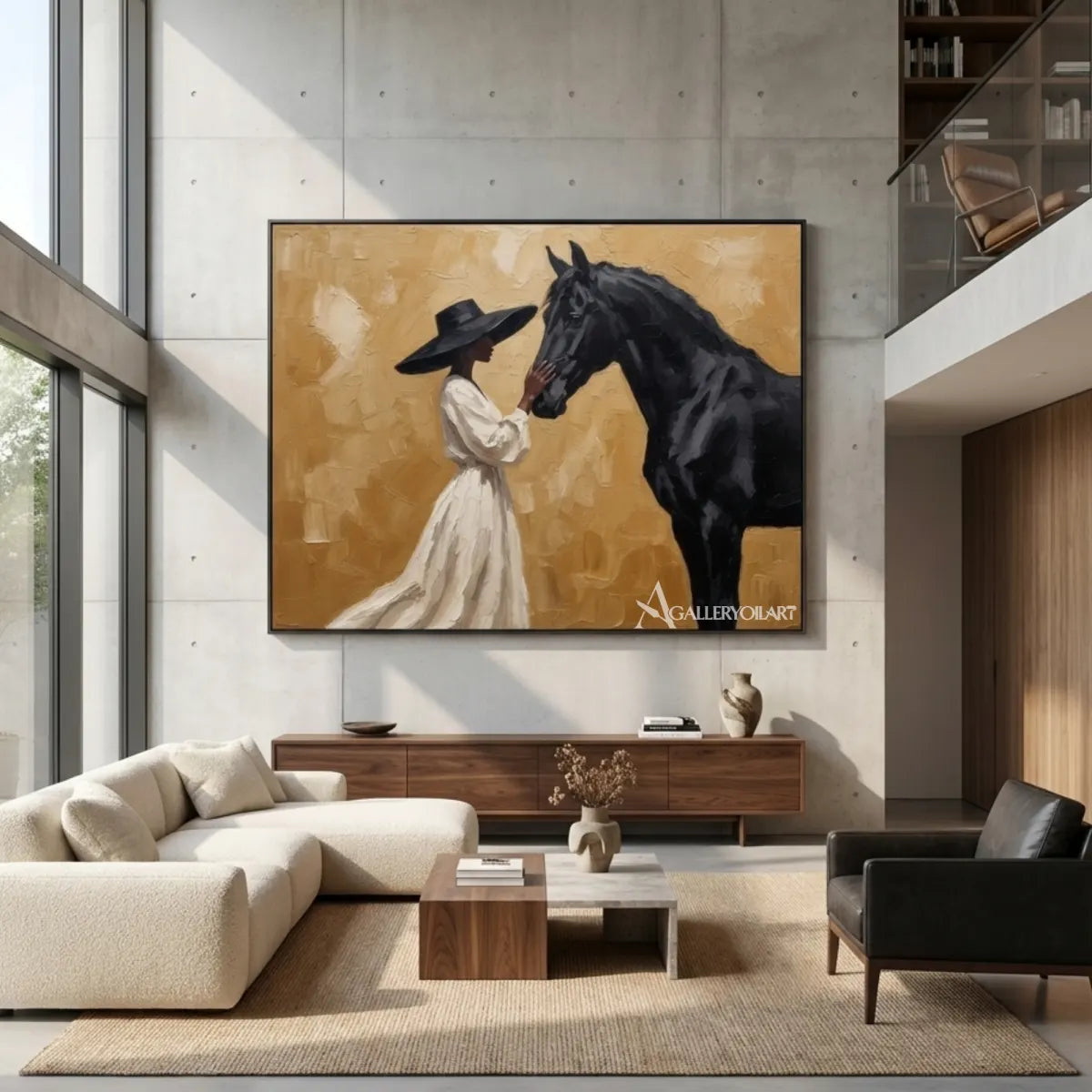 Woman-in-a-white-dress-facing-a-black-horse-on-a-textured-golden-ground-in-modern-lounge