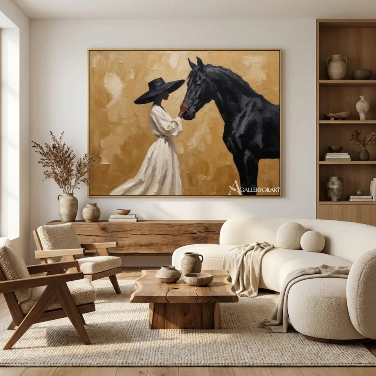 Woman-in-a-white-dress-facing-a-black-horse-on-a-textured-golden-ground-in-sunlit-living-room