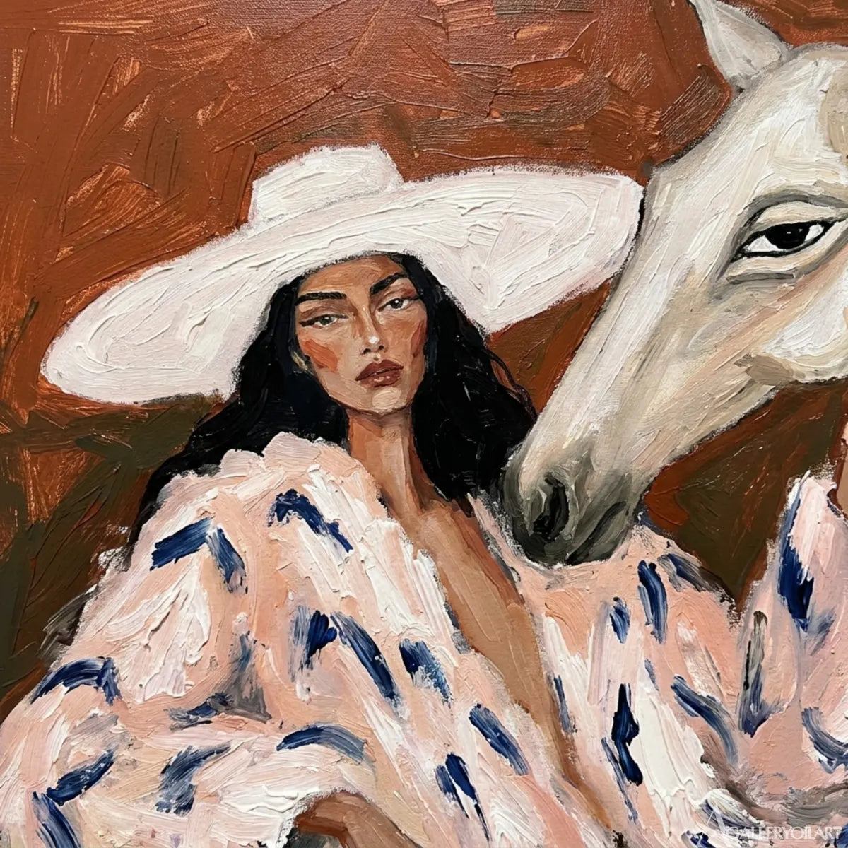 Close-up-of-woman-and-horse-brushstrokes-in-portrait-art-with-warm-brown-and-cream-paint