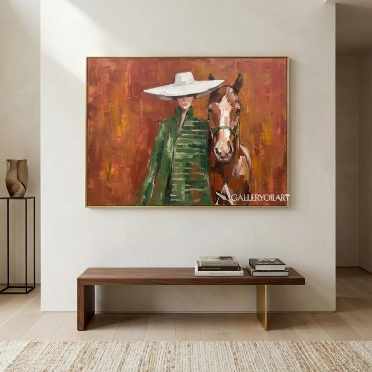 portrait-art-painting-of-a-woman-in-a-white-wide-brimmed-hat-beside-a-horse-against-rust-orange-in-a-architectural-interior