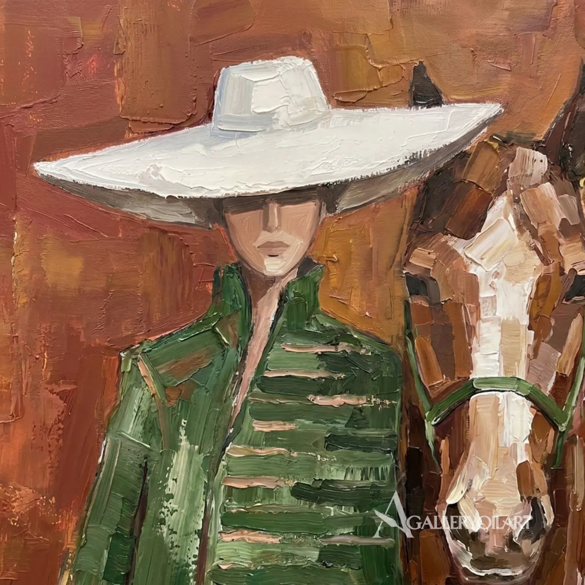 portrait-art-painting-of-a-woman-in-a-white-wide-brimmed-hat-beside-a-horse-against-rust-orange-in-a-close-up