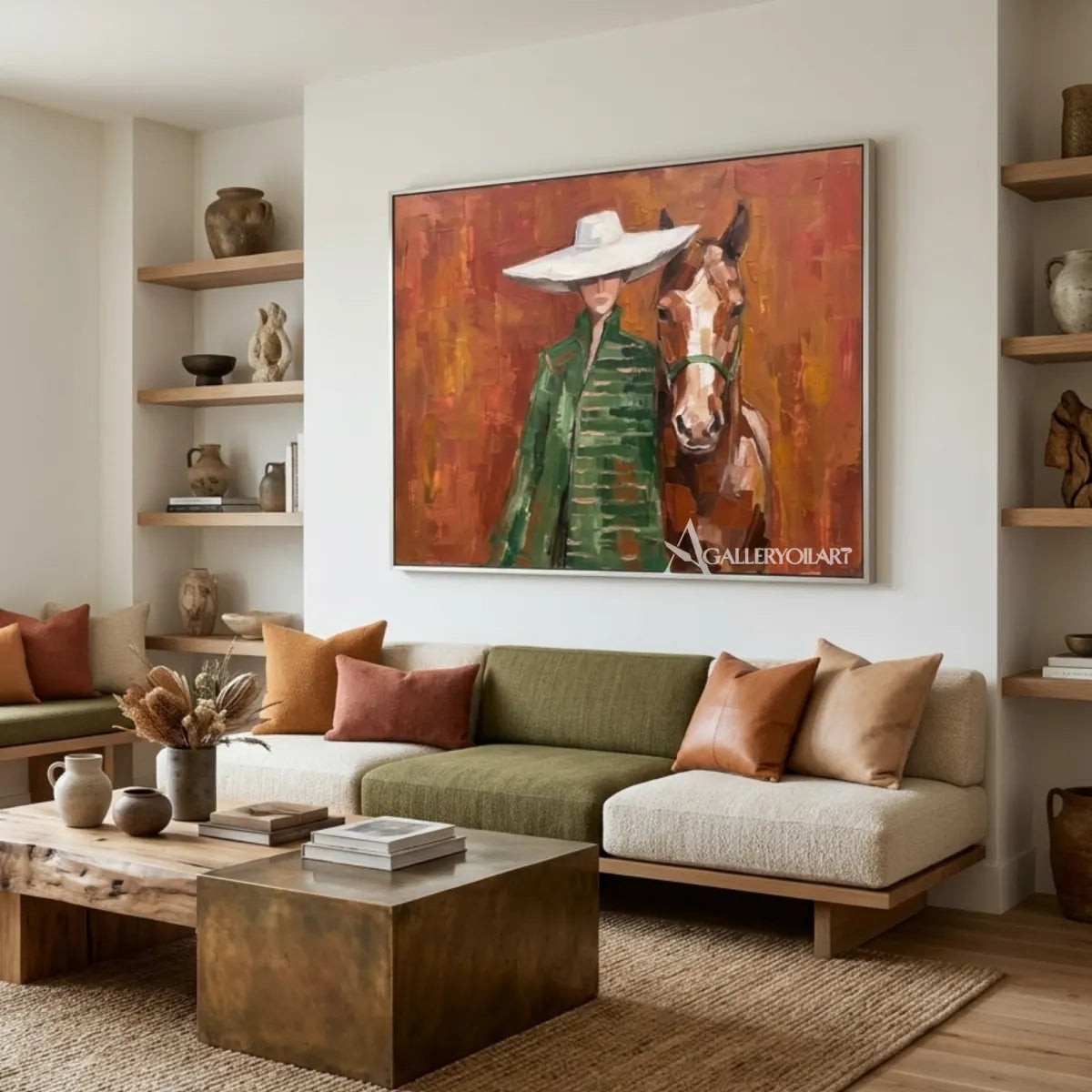portrait-art-painting-of-a-woman-in-a-white-wide-brimmed-hat-beside-a-horse-against-rust-orange-in-a-contemporary-living-room