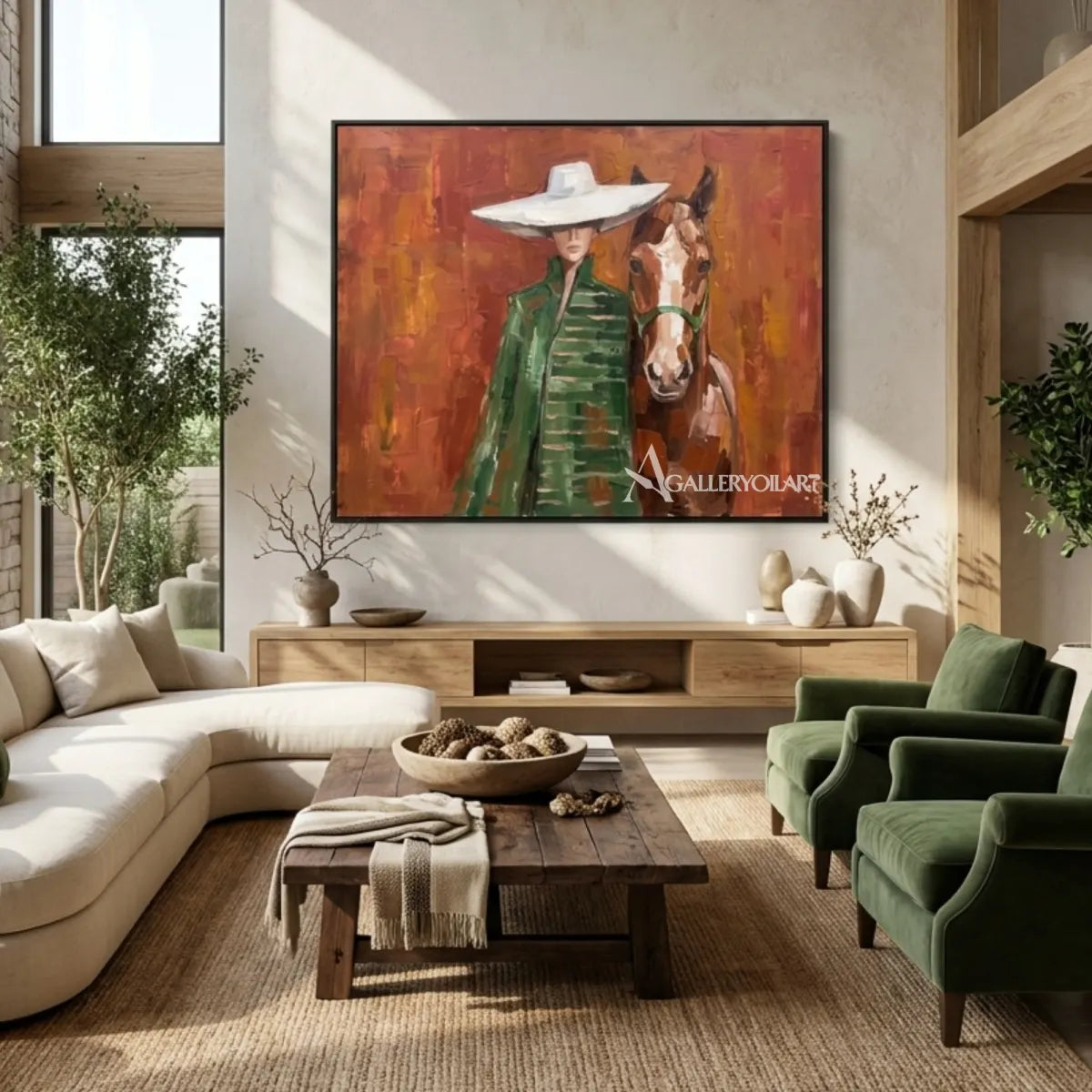portrait-art-painting-of-a-woman-in-a-white-wide-brimmed-hat-beside-a-horse-against-rust-orange-in-a-minimalist-entryway