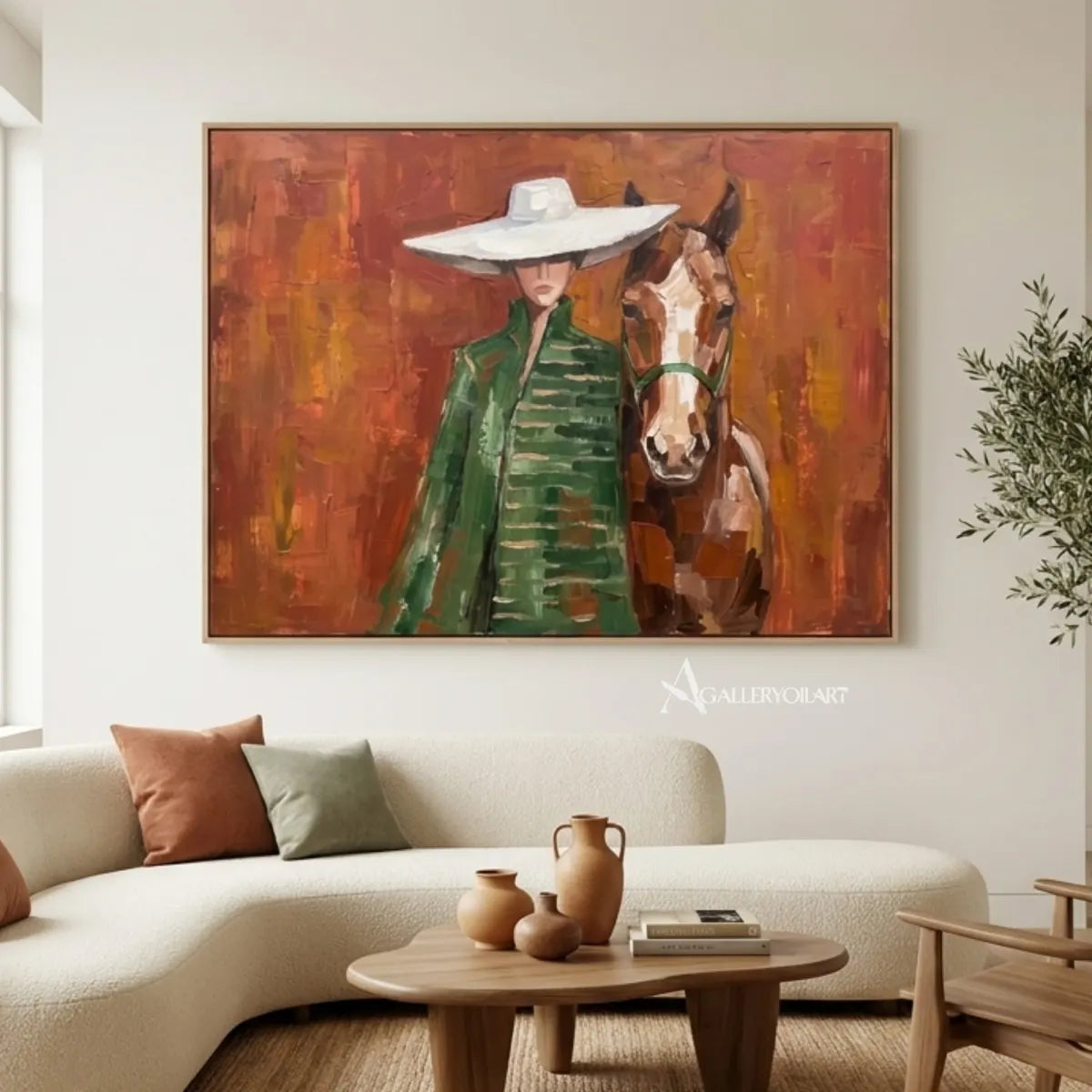 portrait-art-painting-of-a-woman-in-a-white-wide-brimmed-hat-beside-a-horse-against-rust-orange-in-a-minimalist-gallery