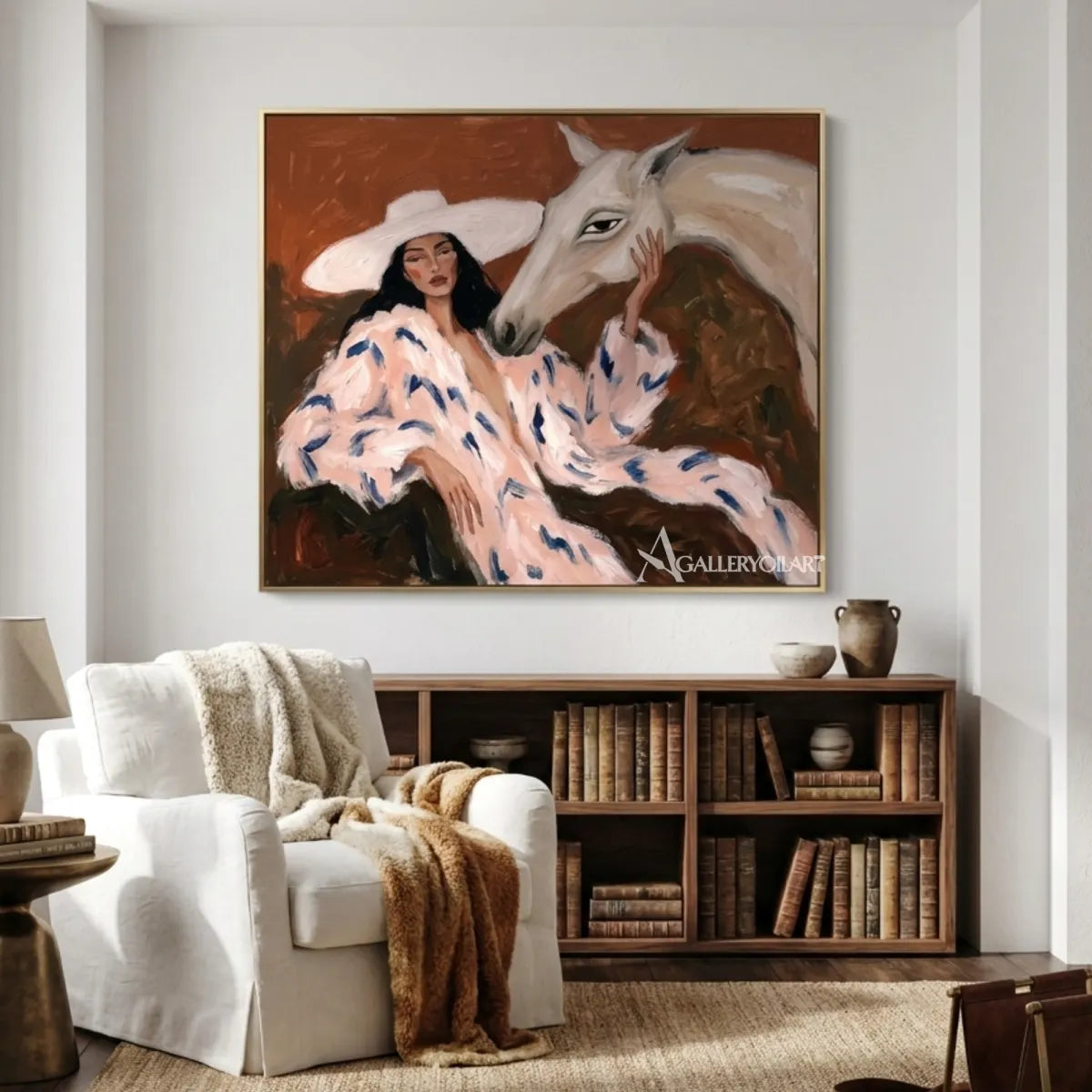 Woman-with-white-horse-portrait-art-displayed-in-a-private-reading-lounge-with-warm-brown-and-cream-tones