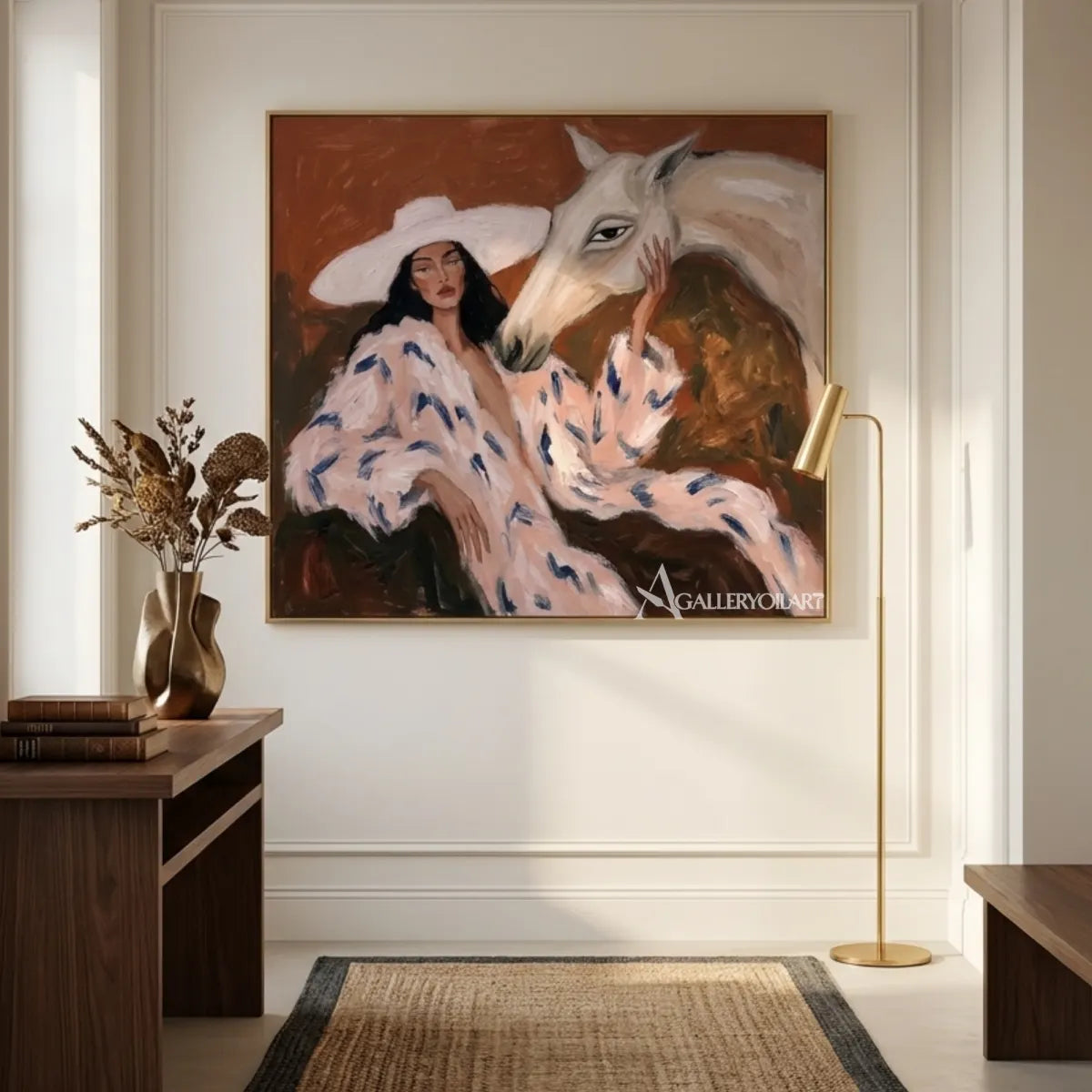 Woman-with-white-horse-portrait-art-in-a-modern-transitional-room-with-warm-neutral-colors