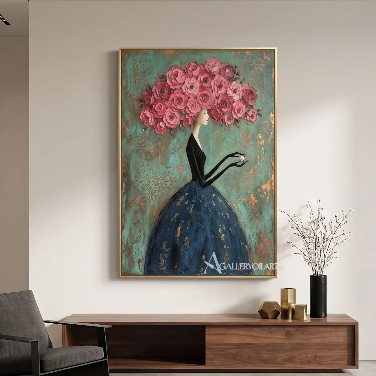 Woman-in-a-flowing-dark-dress-beneath-a-canopy-of-pink-roses-against-green-texture-in-minimalist-room