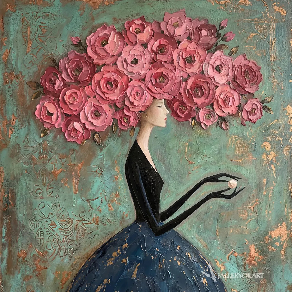 Woman-in-a-flowing-dark-dress-beneath-a-canopy-of-pink-roses-against-green-texture-in-neutral-interior