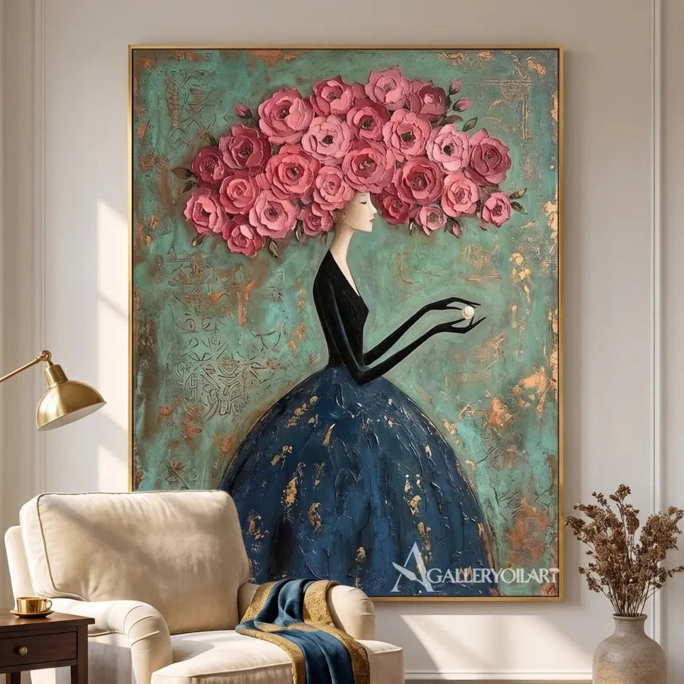 Woman-in-a-flowing-dark-dress-beneath-a-canopy-of-pink-roses-against-green-texture-in-reading-lounge