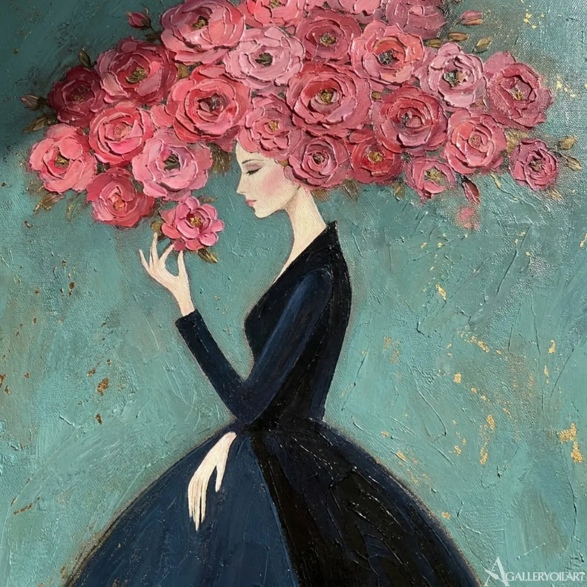 woman-crowned-with-pink-roses-in-green-portrait-art-displayed-in-a-painted-detail