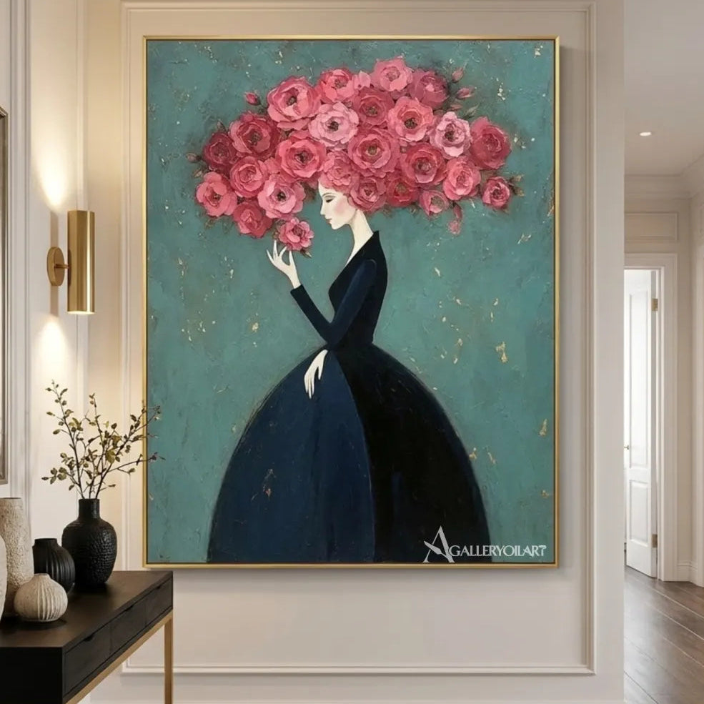 woman-crowned-with-pink-roses-in-green-portrait-art-displayed-in-a-transitional-room
