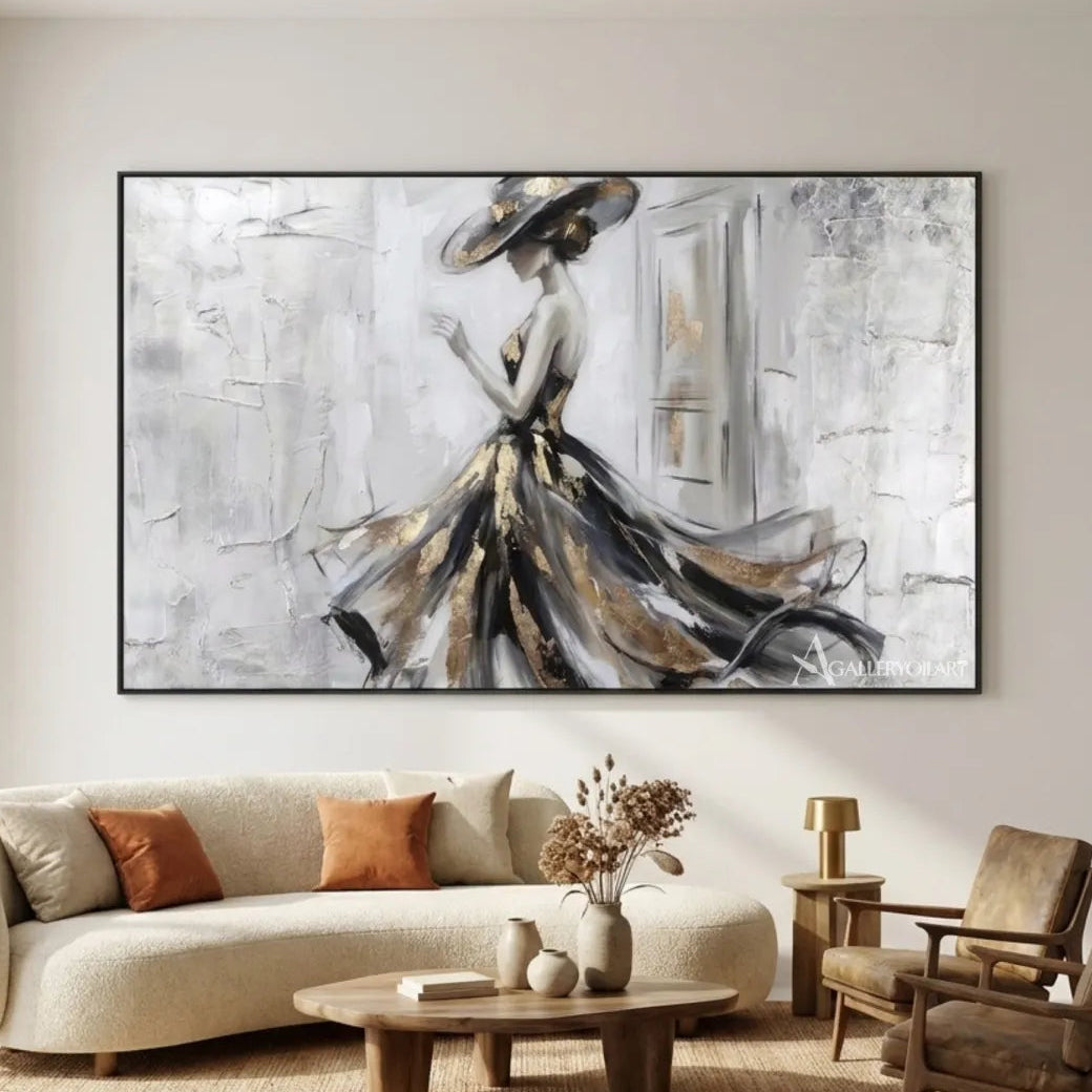 Portrait painting of a woman in a flowing black and gold gown displayed in a contemporary-gathering-room