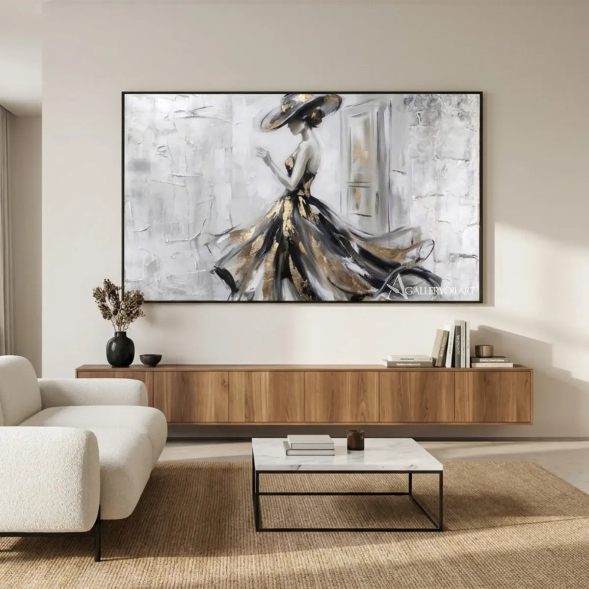 Portrait painting of a woman in a flowing black and gold gown displayed in a minimalist-interior