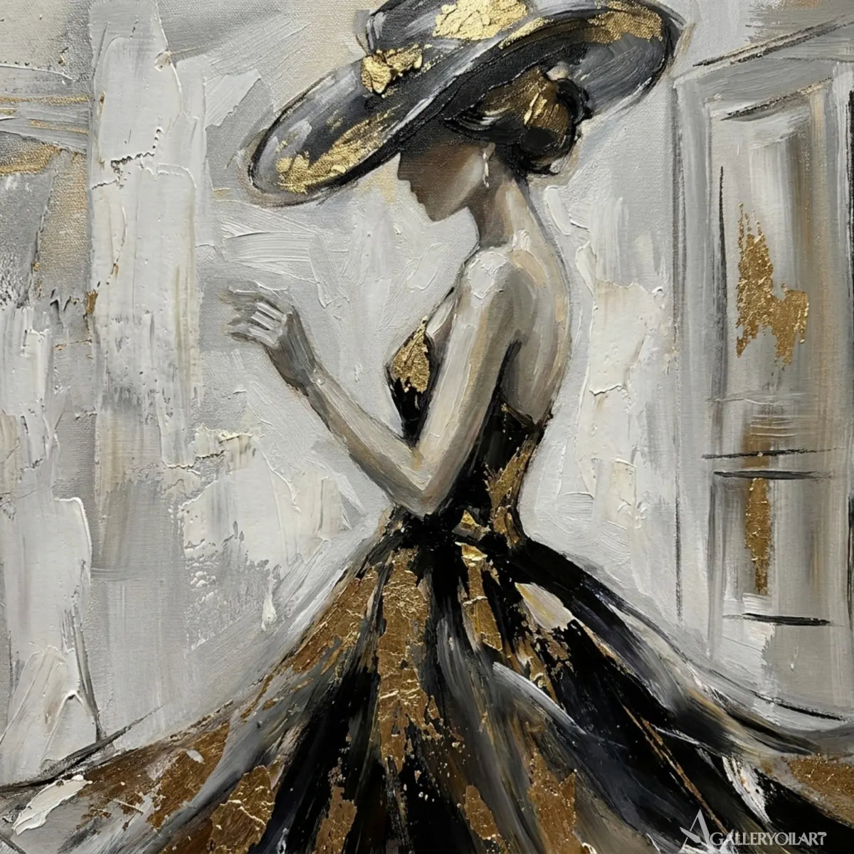 Portrait painting of a woman in a flowing black and gold gown displayed in a painted-detail-close-up