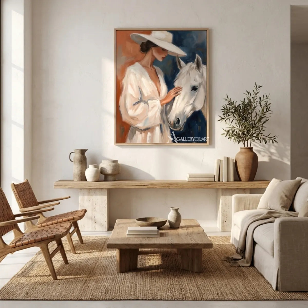 Woman-in-a-white-hat-gently-touching-a-white-horse-with-blue-and-rust-brushwork-in-bright-lounge
