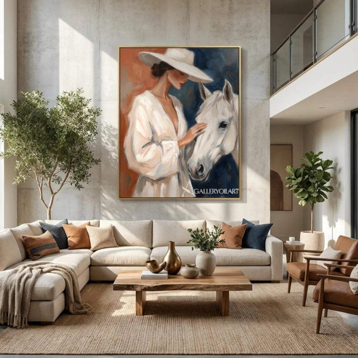 Woman-in-a-white-hat-gently-touching-a-white-horse-with-blue-and-rust-brushwork-in-contemporary-room