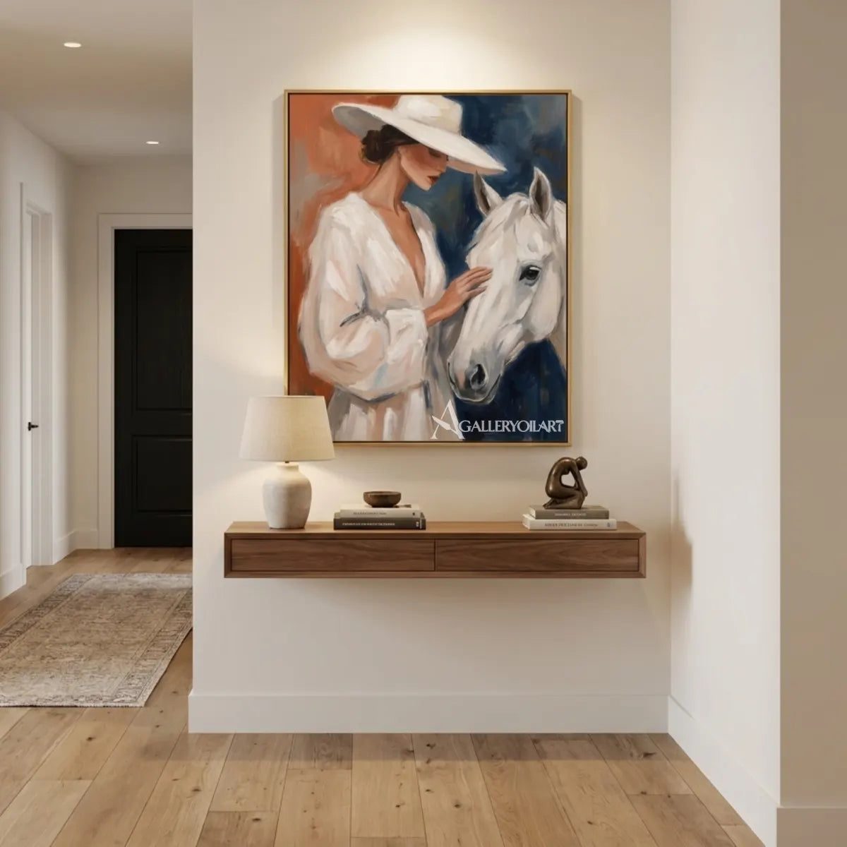 Woman-in-a-white-hat-gently-touching-a-white-horse-with-blue-and-rust-brushwork-in-hallway