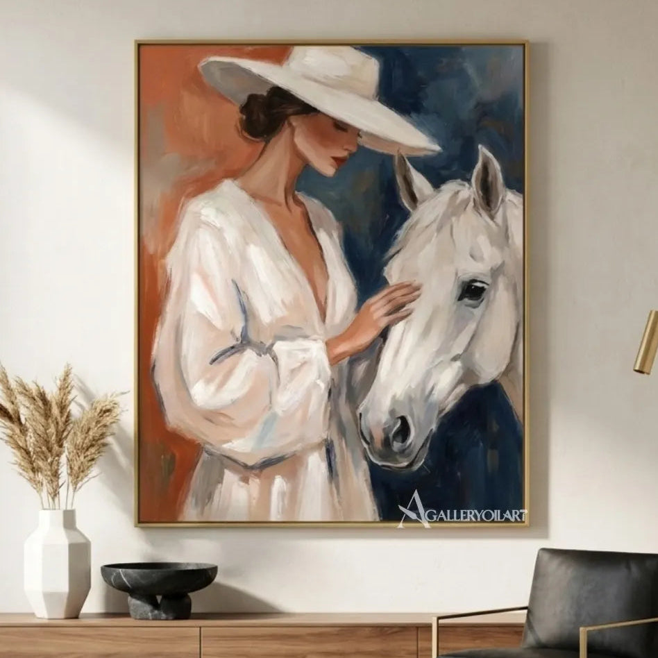 Woman-in-a-white-hat-gently-touching-a-white-horse-with-blue-and-rust-brushwork-in-minimalist-interior