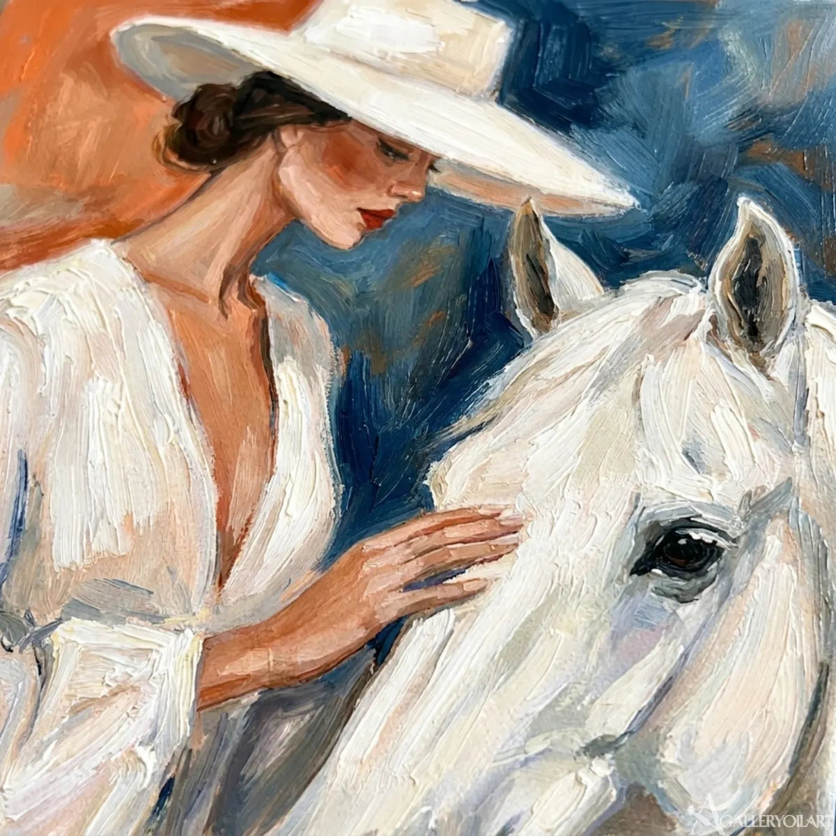 Woman-in-a-white-hat-gently-touching-a-white-horse-with-blue-and-rust-brushwork-in-painted-detail