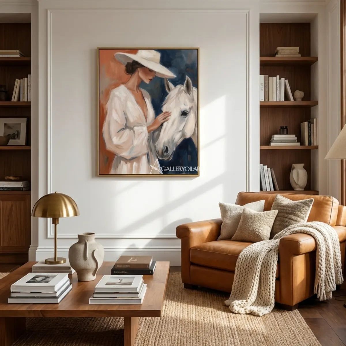 Woman-in-a-white-hat-gently-touching-a-white-horse-with-blue-and-rust-brushwork-in-reading-room