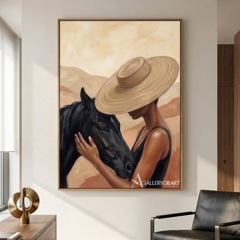 woman-in-a-straw-hat-beside-a-dark-horse-in-black-portrait-art-displayed-in-a-architectural-interior