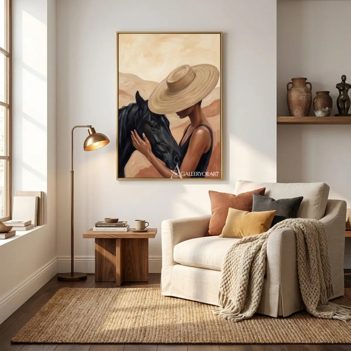 woman-in-a-straw-hat-beside-a-dark-horse-in-black-portrait-art-displayed-in-a-private-reading-lounge