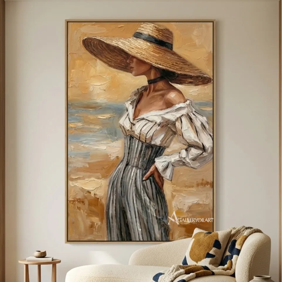 woman-in-a-straw-hat-beside-a-quiet-shore-in-beige-portrait-art-displayed-in-a-gallery